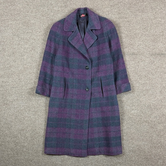Alorna Jackets & Blazers - Vintage Alorna Purple Grey Plaid Long Wool Coat Women’s L/XL Union Made in USA